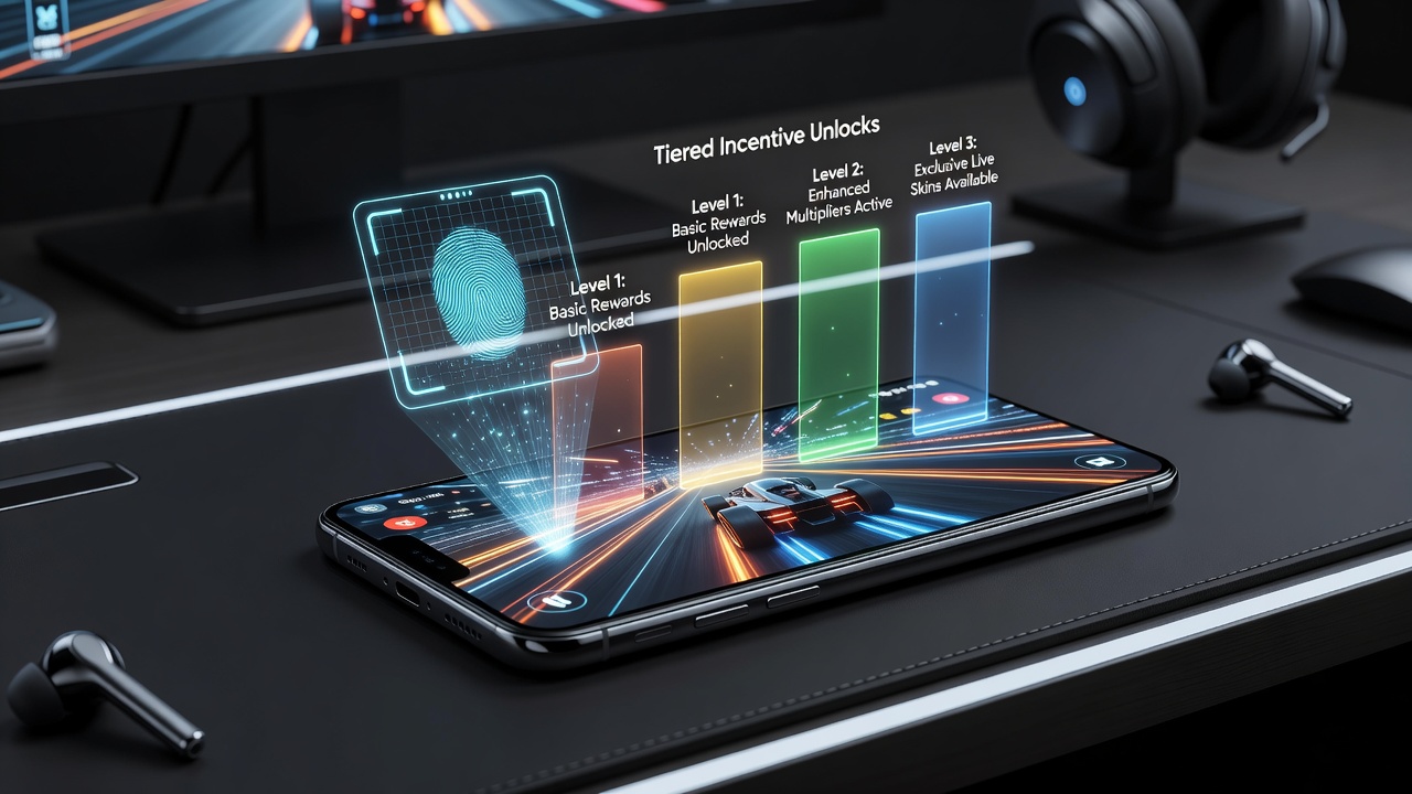 Smartphone displaying biometric authentication during a live gaming session with tiered reward indicators visible on screen