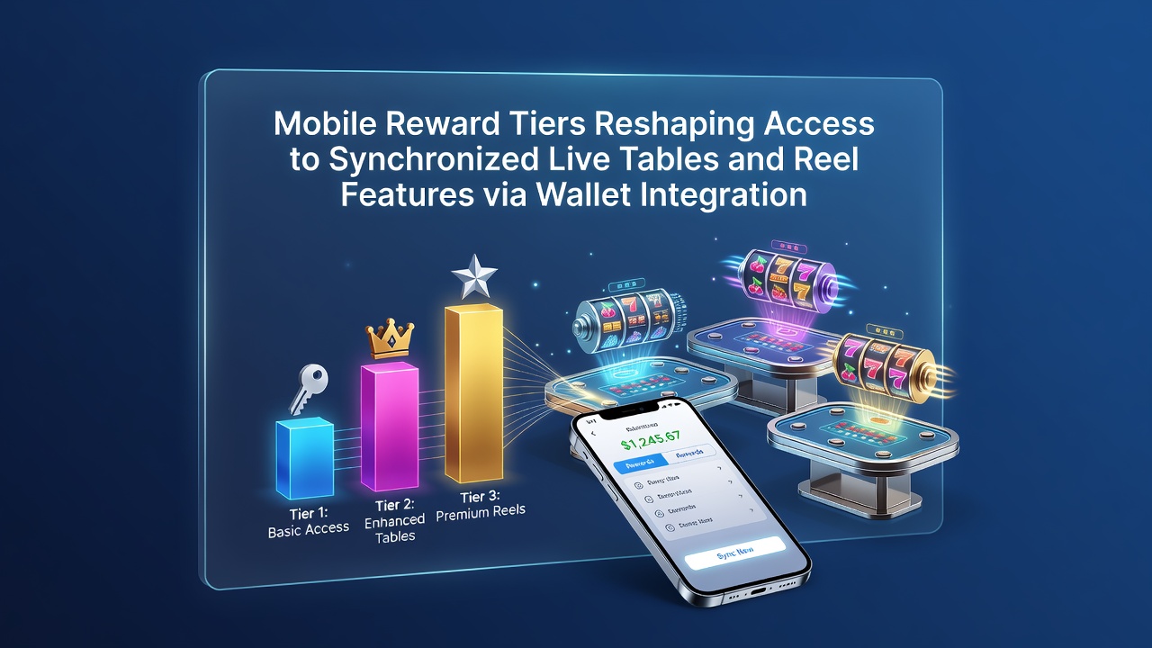 Mobile reward tiers diagram showing wallet integration with live tables and slot features