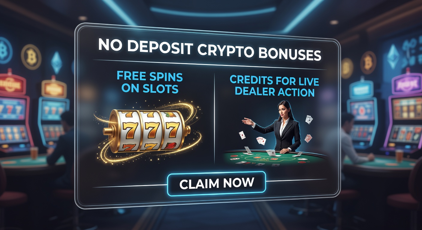 Vibrant digital illustration showing cryptocurrency icons floating alongside slot machine reels and live dealer tables, representing no-deposit bonuses in online gaming