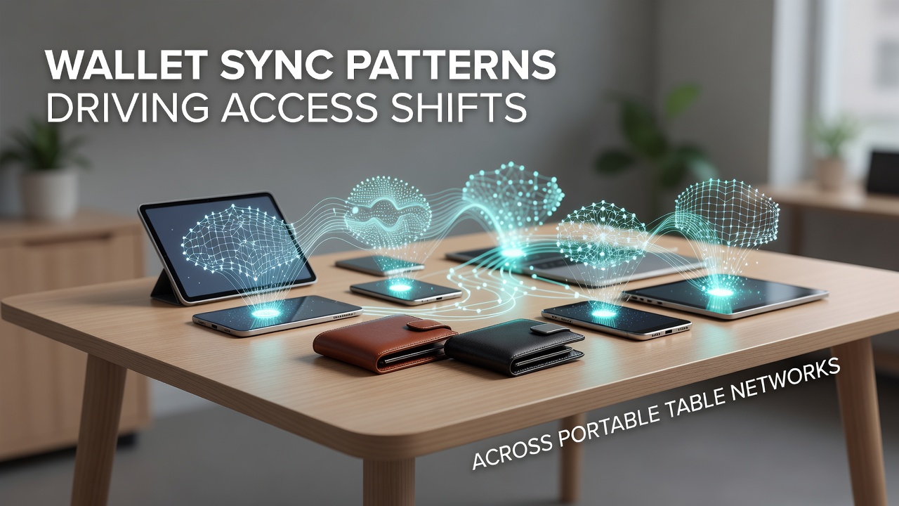 Illustration of synchronized digital wallets connecting mobile devices to live table networks in portable gaming environments